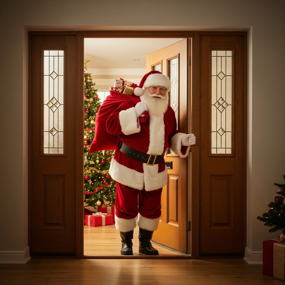 Santa Claus Standing in a homes doorway